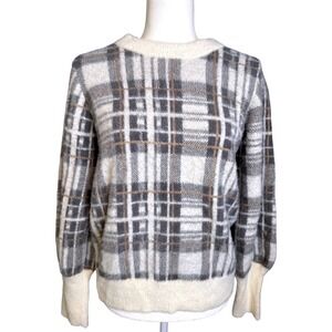 EVEREVE Women's Plaid Fuzzy Knit Crewneck Sweater Gray White Tan Medium Giftable